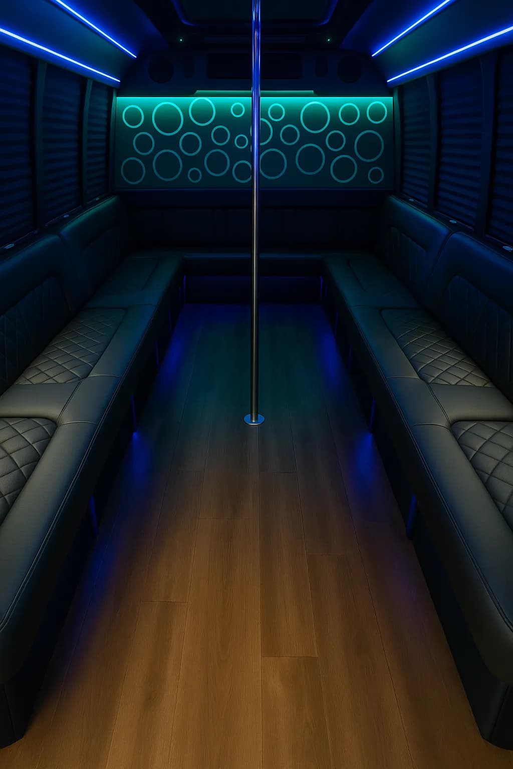 Inside a 20 passenger party bus