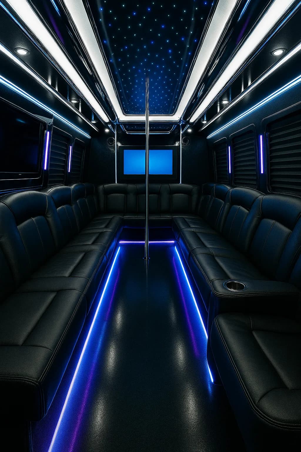 Inside a 26 passenger party bus