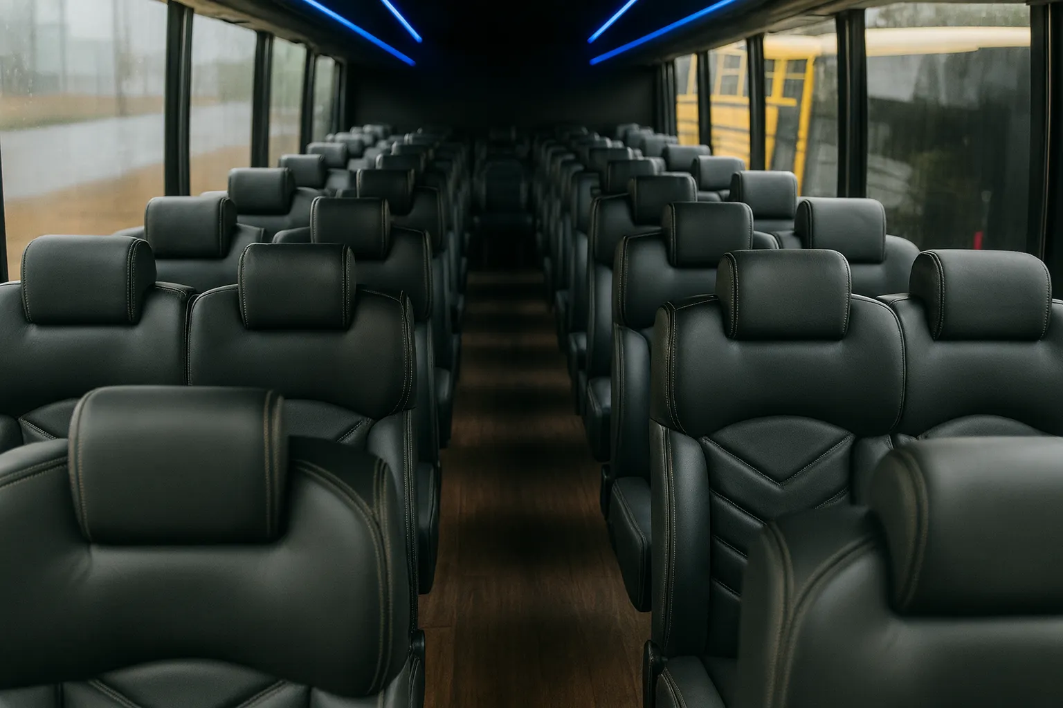 Inside a 40 passenger shuttle bus