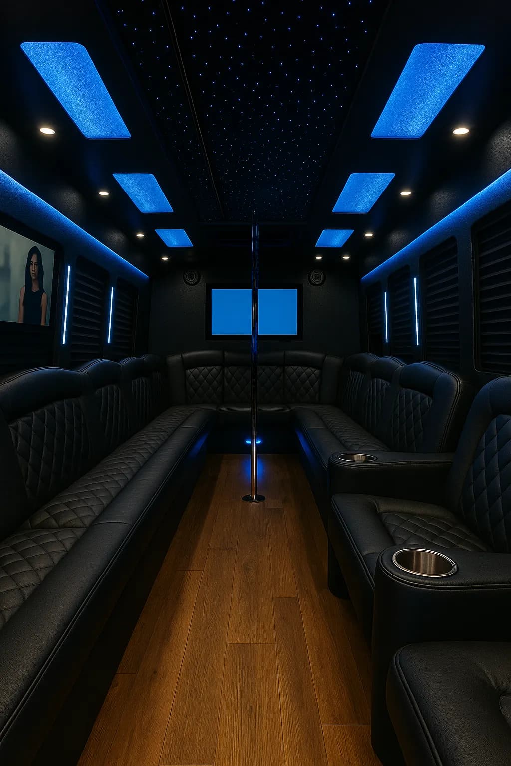 Inside a 30 passenger party bus