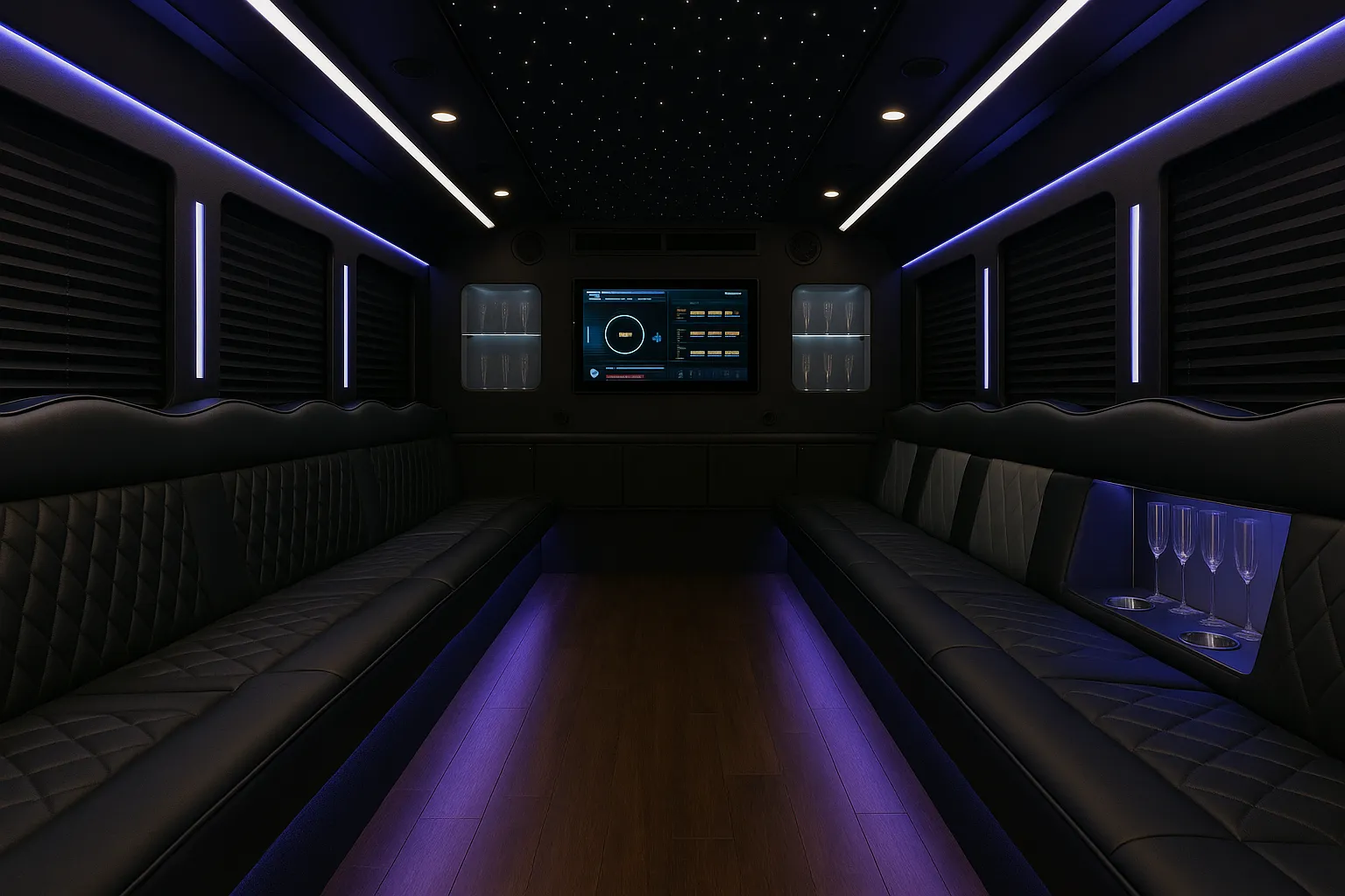 Inside a 34 passenger party bus